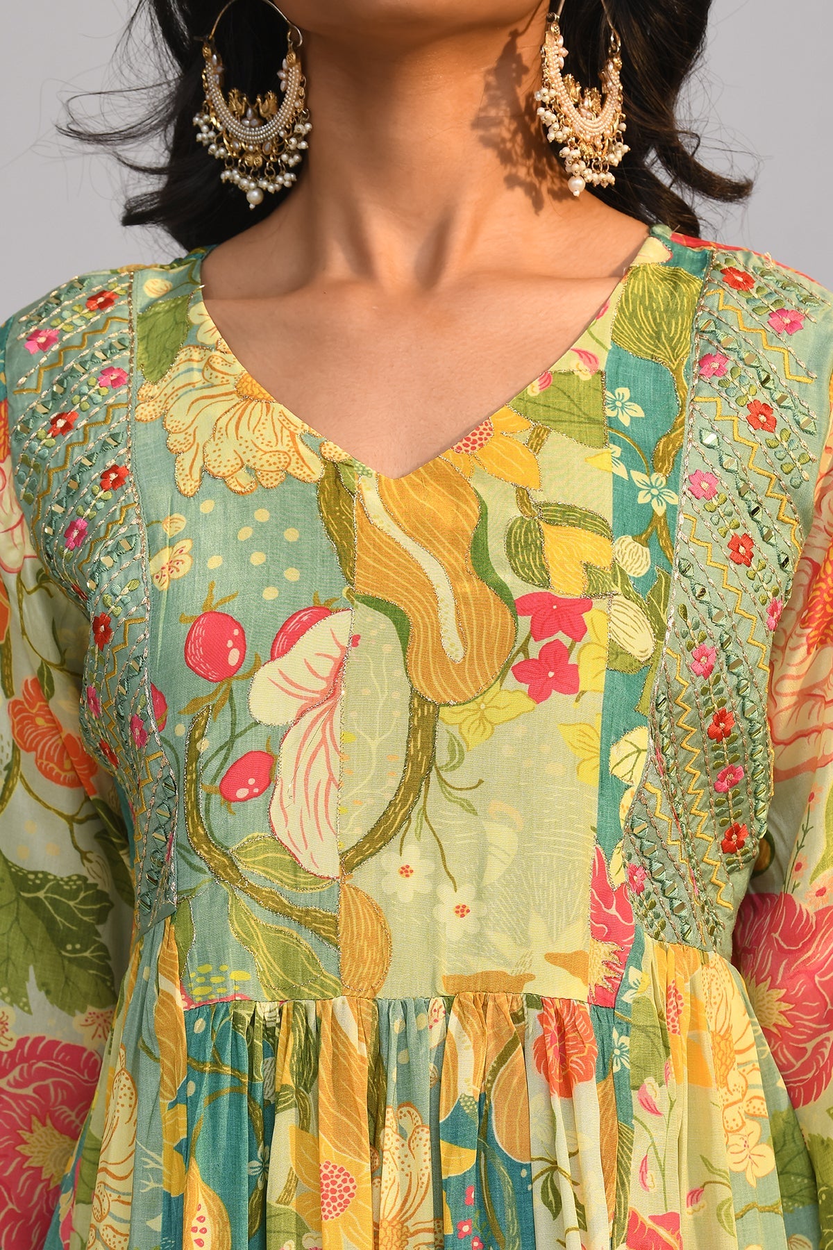 Multi Yoke Embroidered Flared Kurta Set