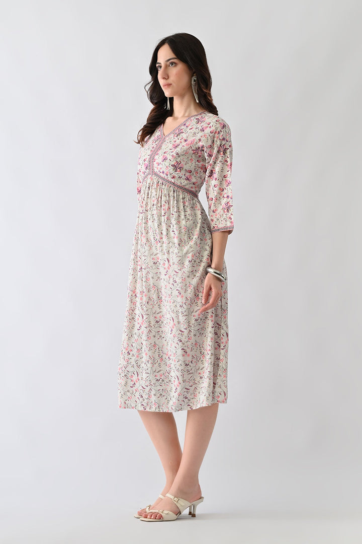 White A-line Printed Dress
