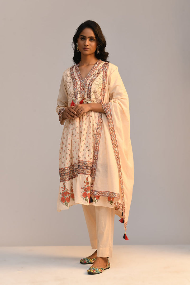 Peach Printed A Line Kurta Set