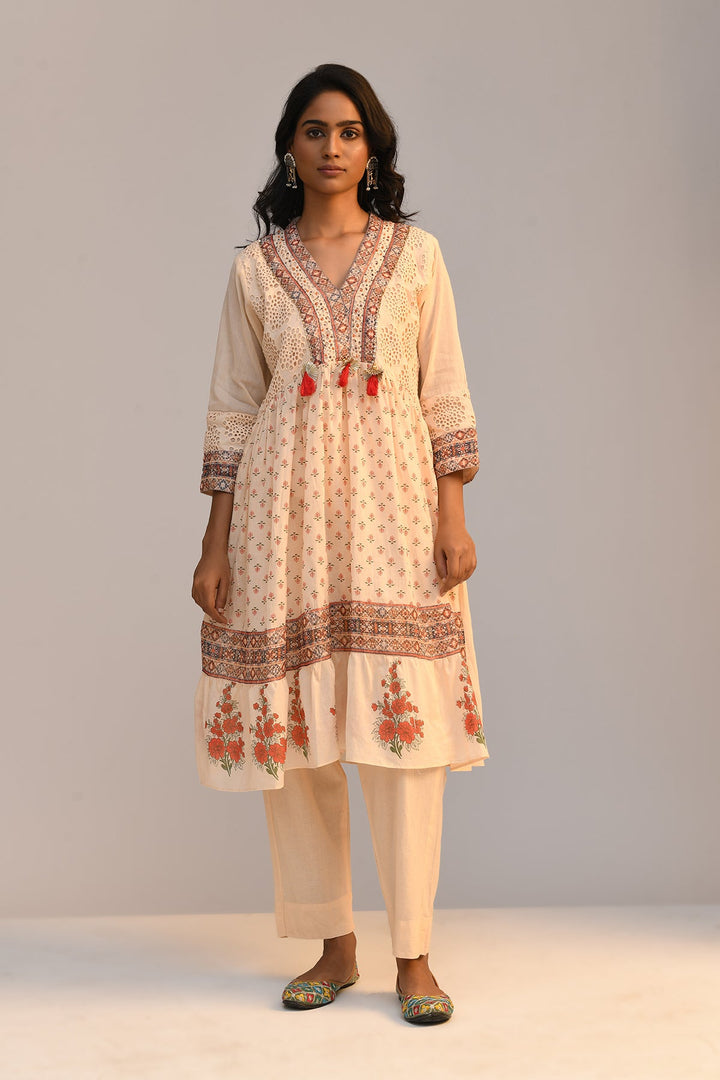 Peach Printed A Line Kurta Set