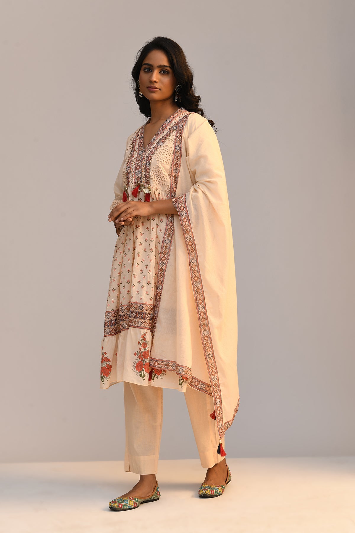 Peach Printed A Line Kurta Set