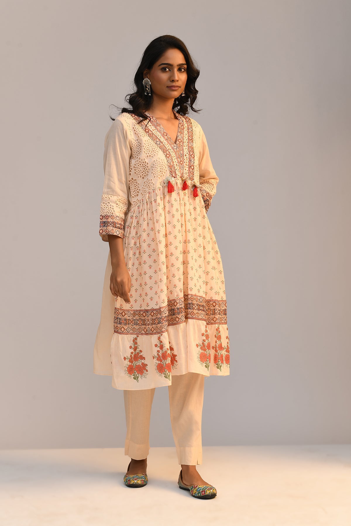 Peach Printed A Line Kurta Set