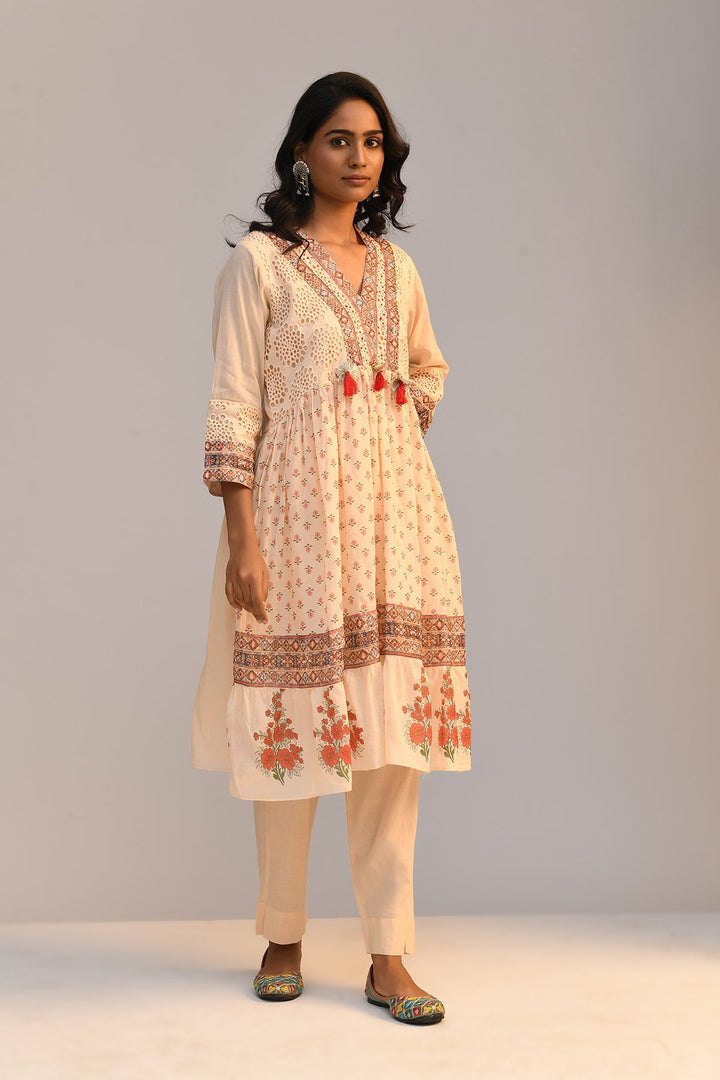 Peach Printed A Line Kurta Set