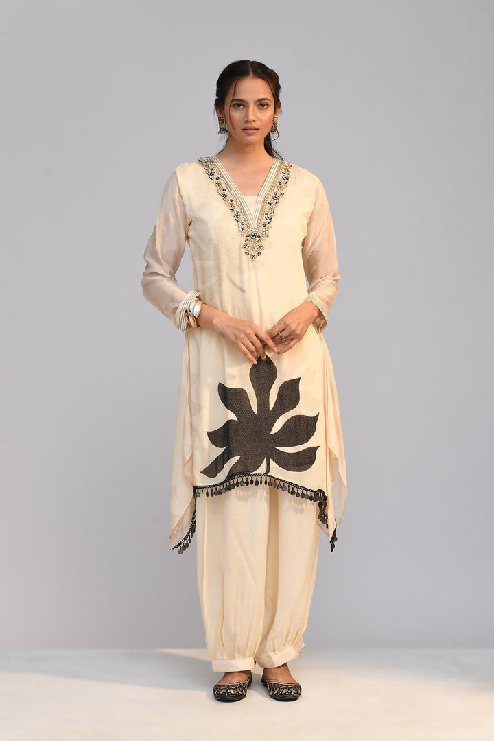 Cream Printed A Line Kurta Set