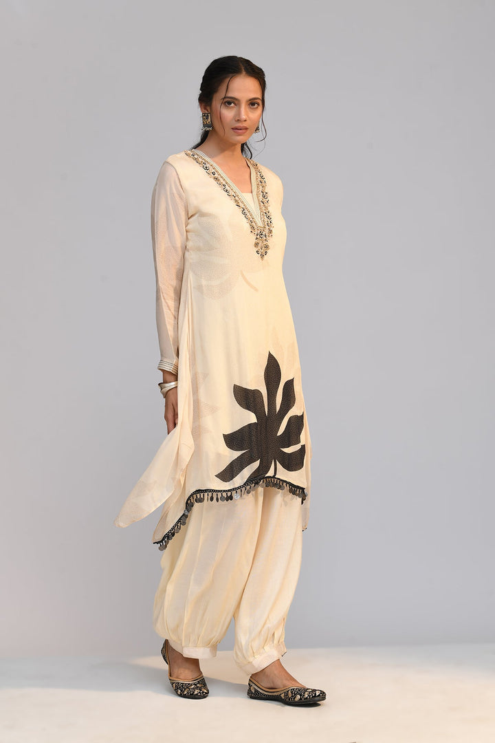 Cream Printed A Line Kurta Set
