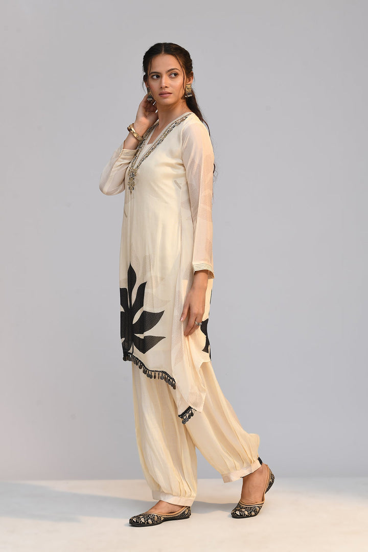 Cream Printed A Line Kurta Set