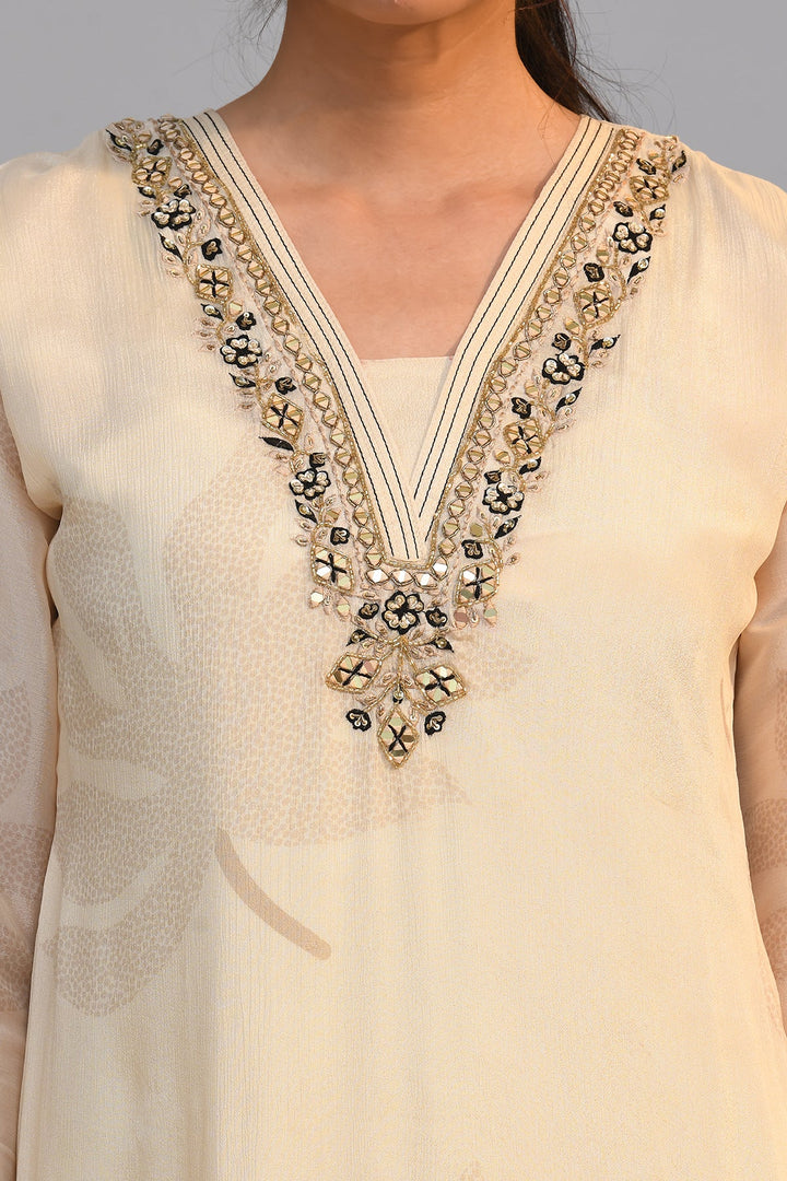 Cream Printed A Line Kurta Set