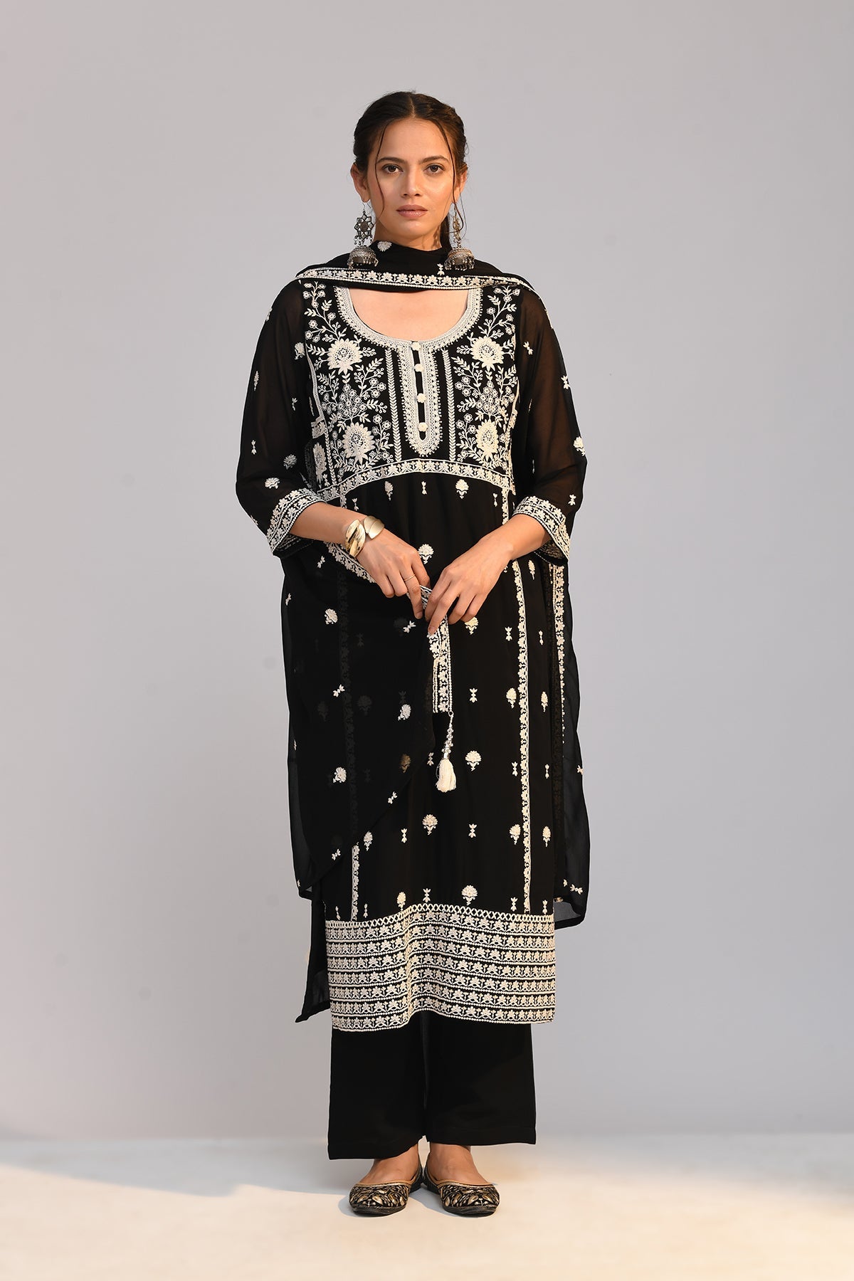 Black Chikankari Straight Kurta 3 Pcs Set