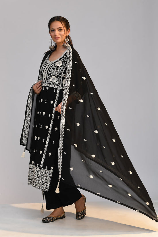 Black Chikankari Straight Kurta 3 Pcs Set