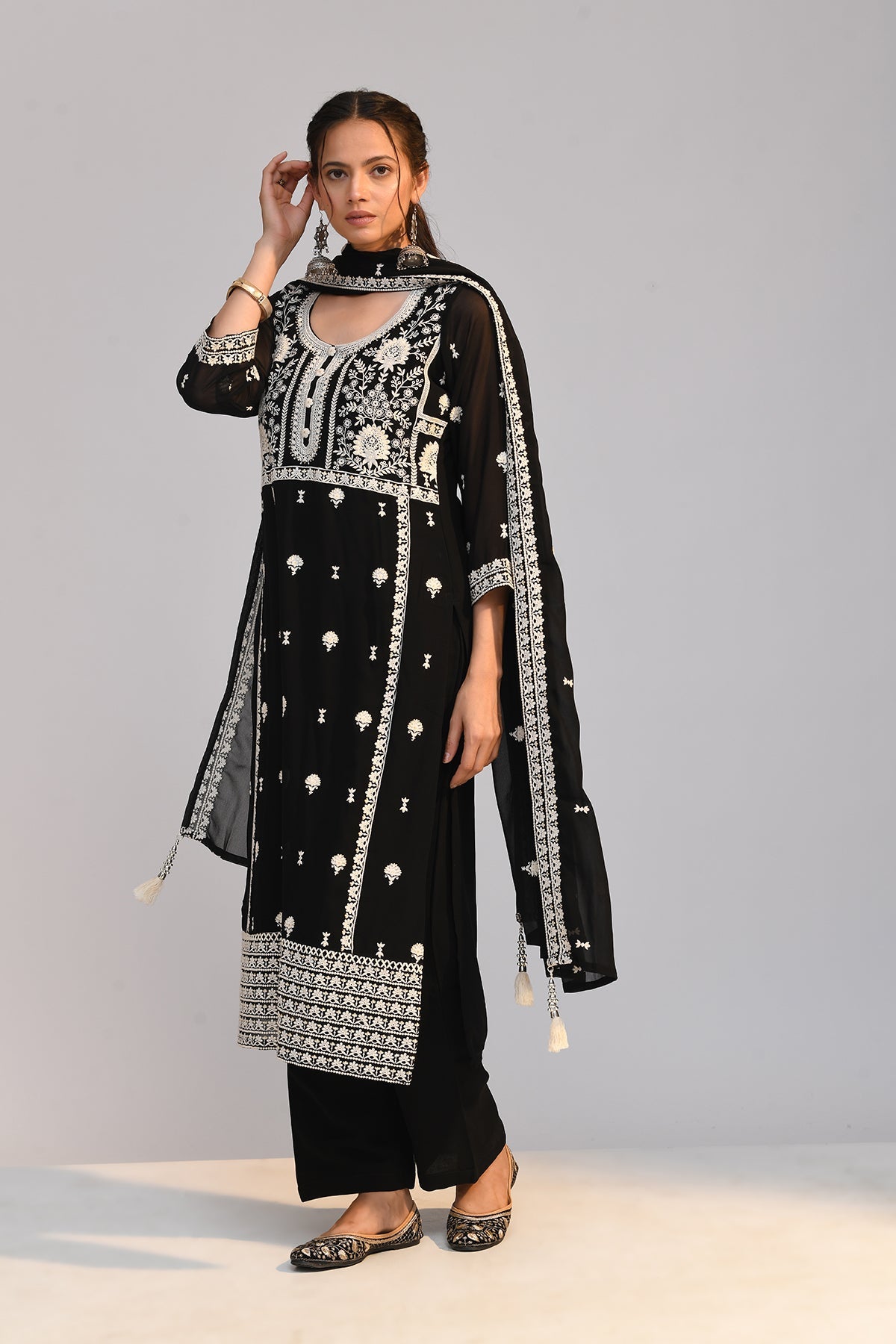 Black Chikankari Straight Kurta 3 Pcs Set