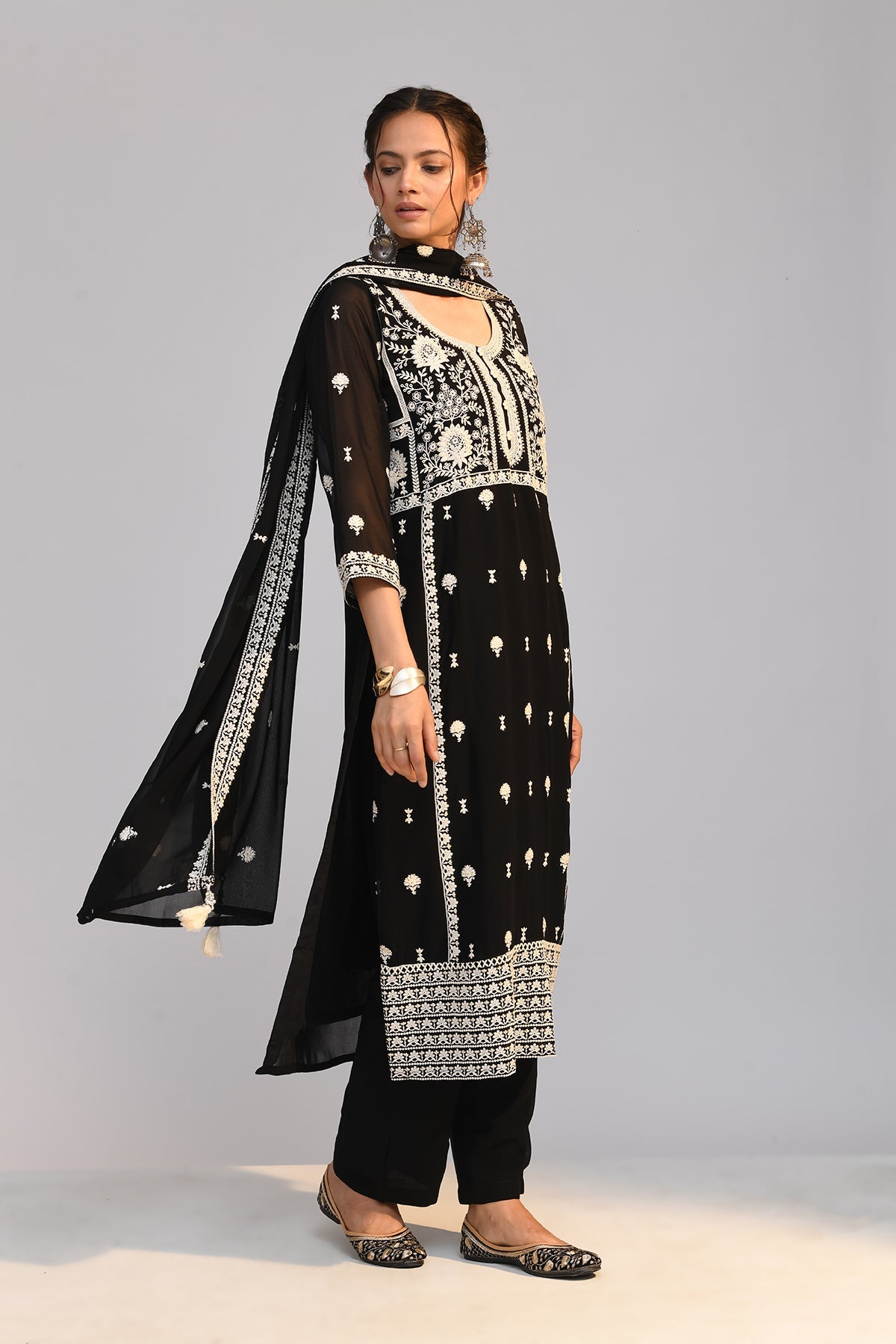 Black Chikankari Straight Kurta 3 Pcs Set