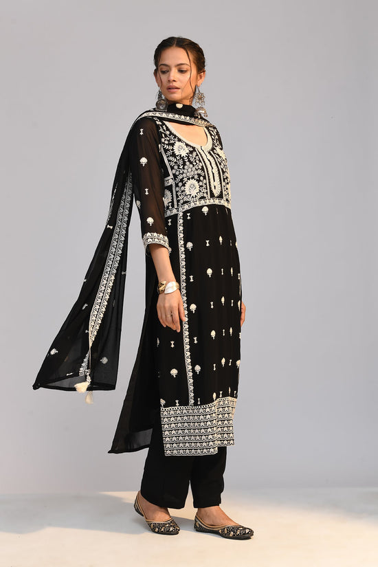 Black Chikankari Straight Kurta 3 Pcs Set