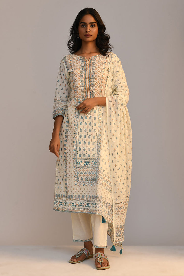 Cream Embellished Printed Kurta Set