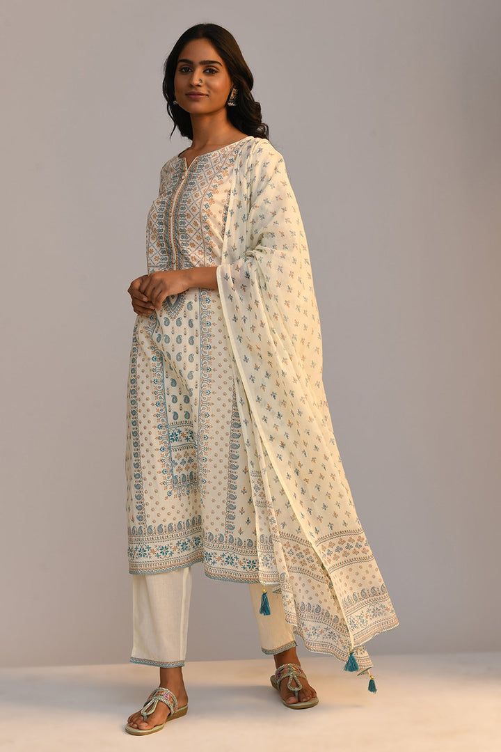 Cream Embellished Printed Kurta Set