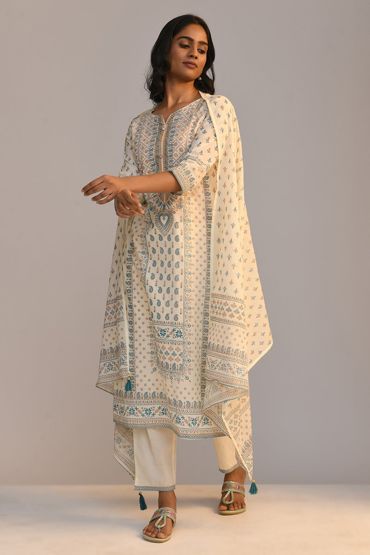 Cream Embellished Printed Kurta Set