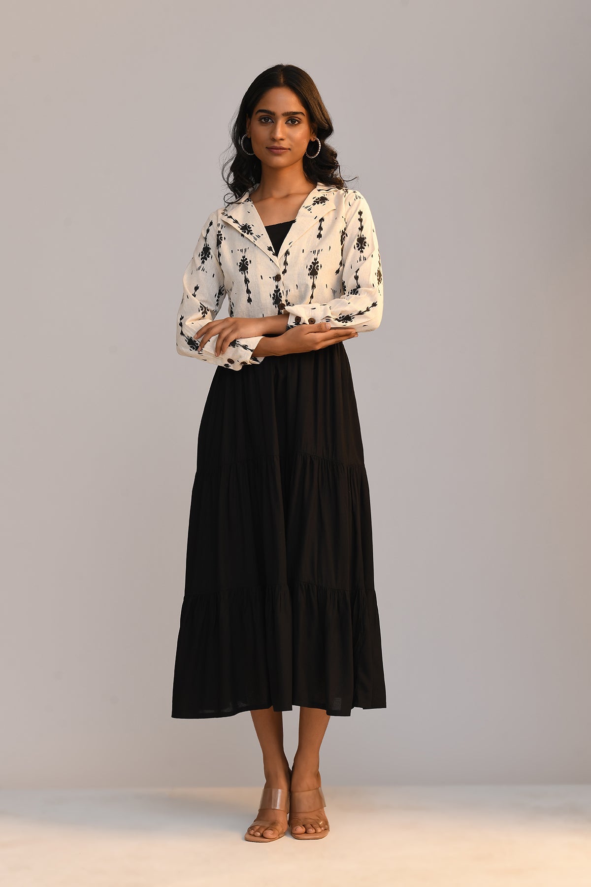 Black Dress With Cream Printed Jacket
