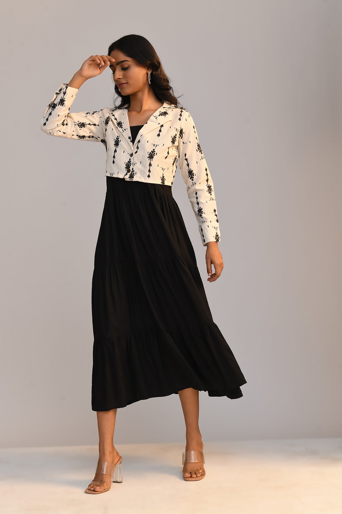Black Dress With Cream Printed Jacket