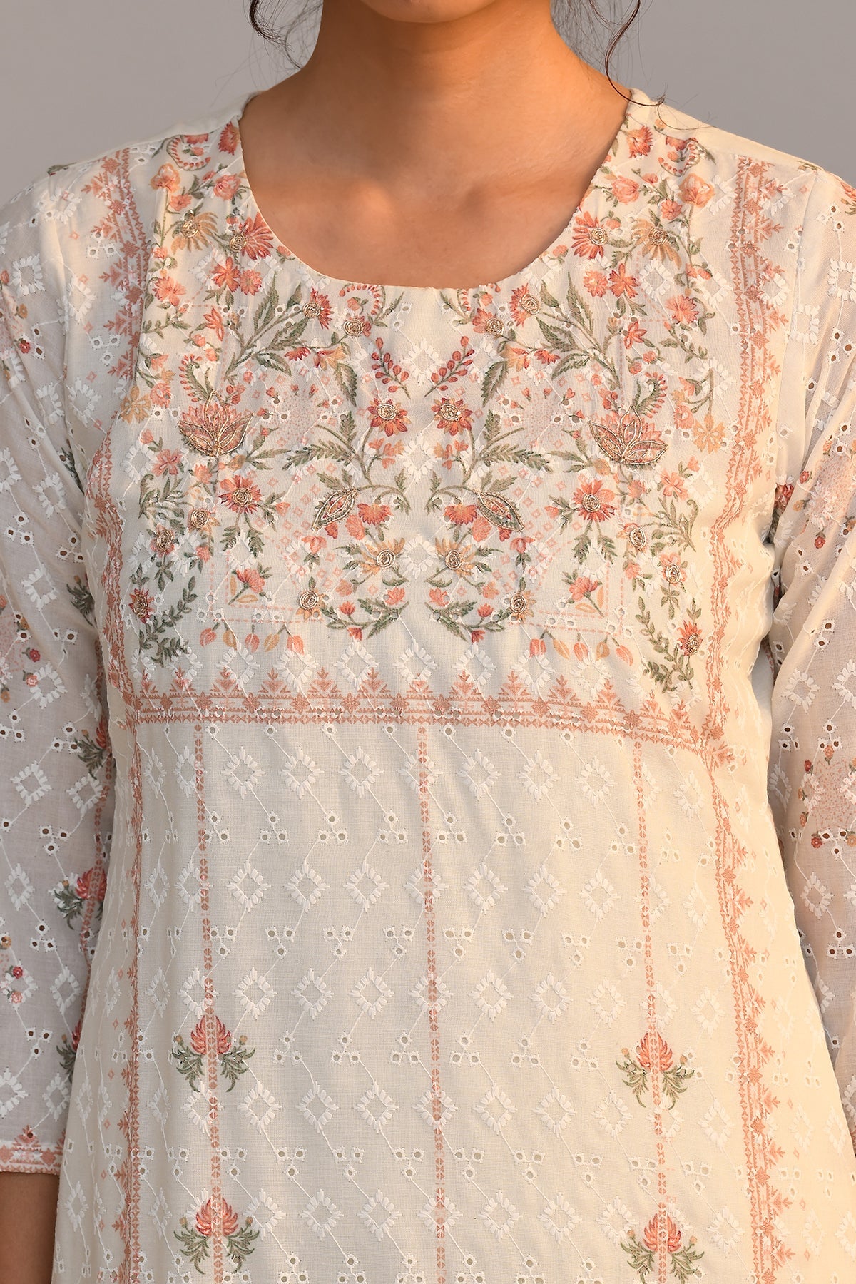 Cream Embroidered Straight Kurta Set