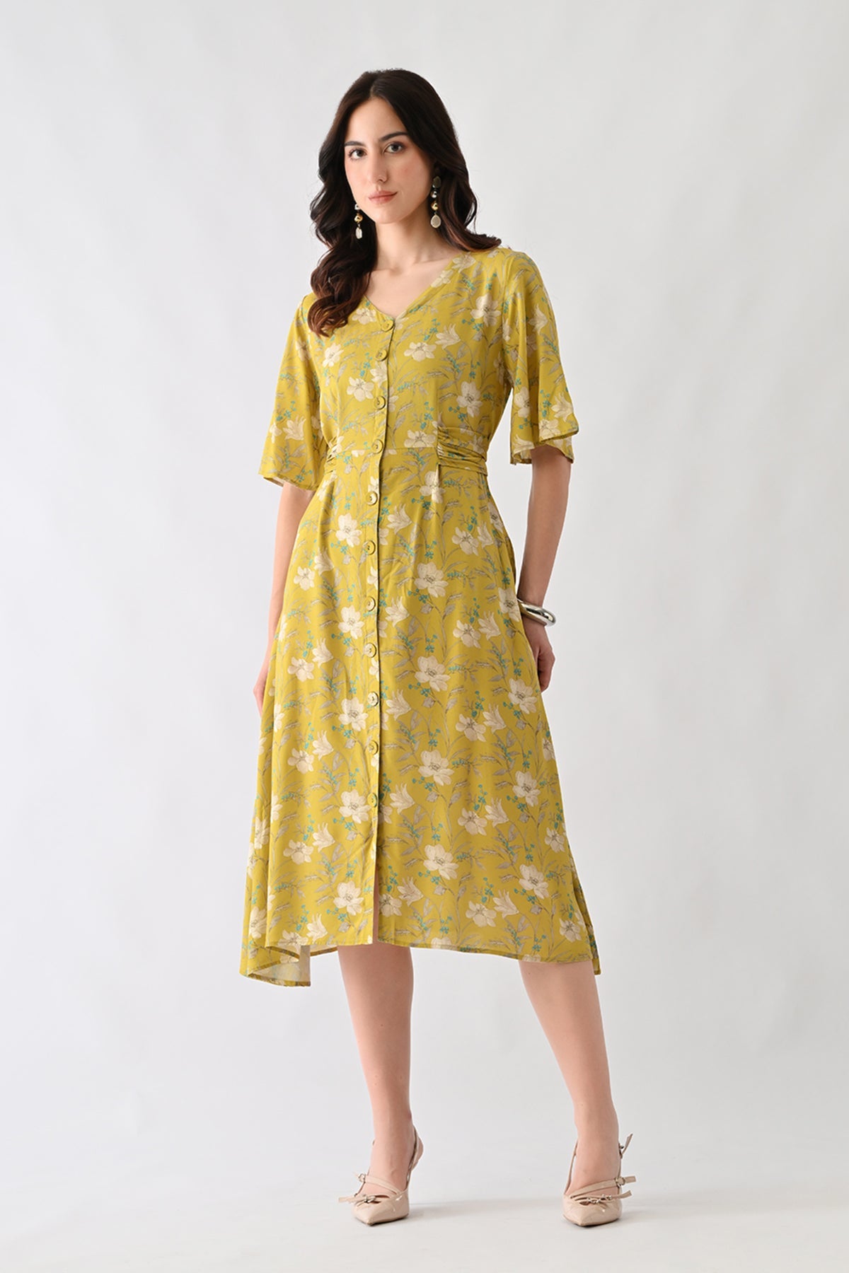 Yellow A-line Printed Dress