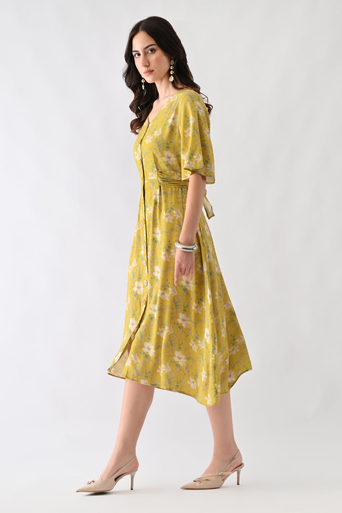 Yellow A-line Printed Dress