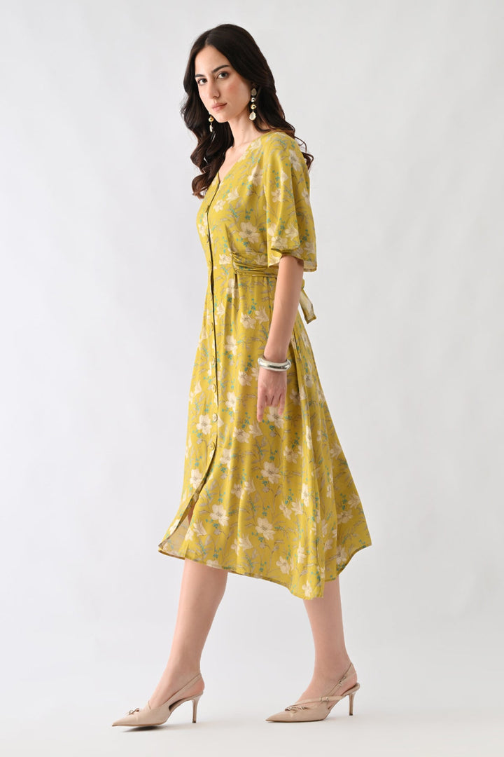 Yellow A-line Printed Dress