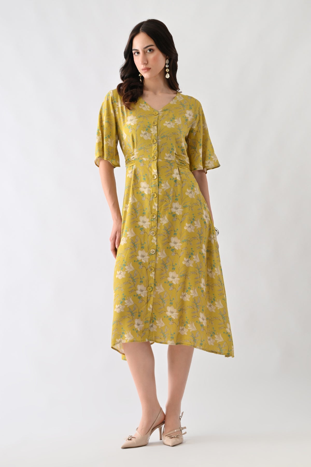 Yellow A-line Printed Dress