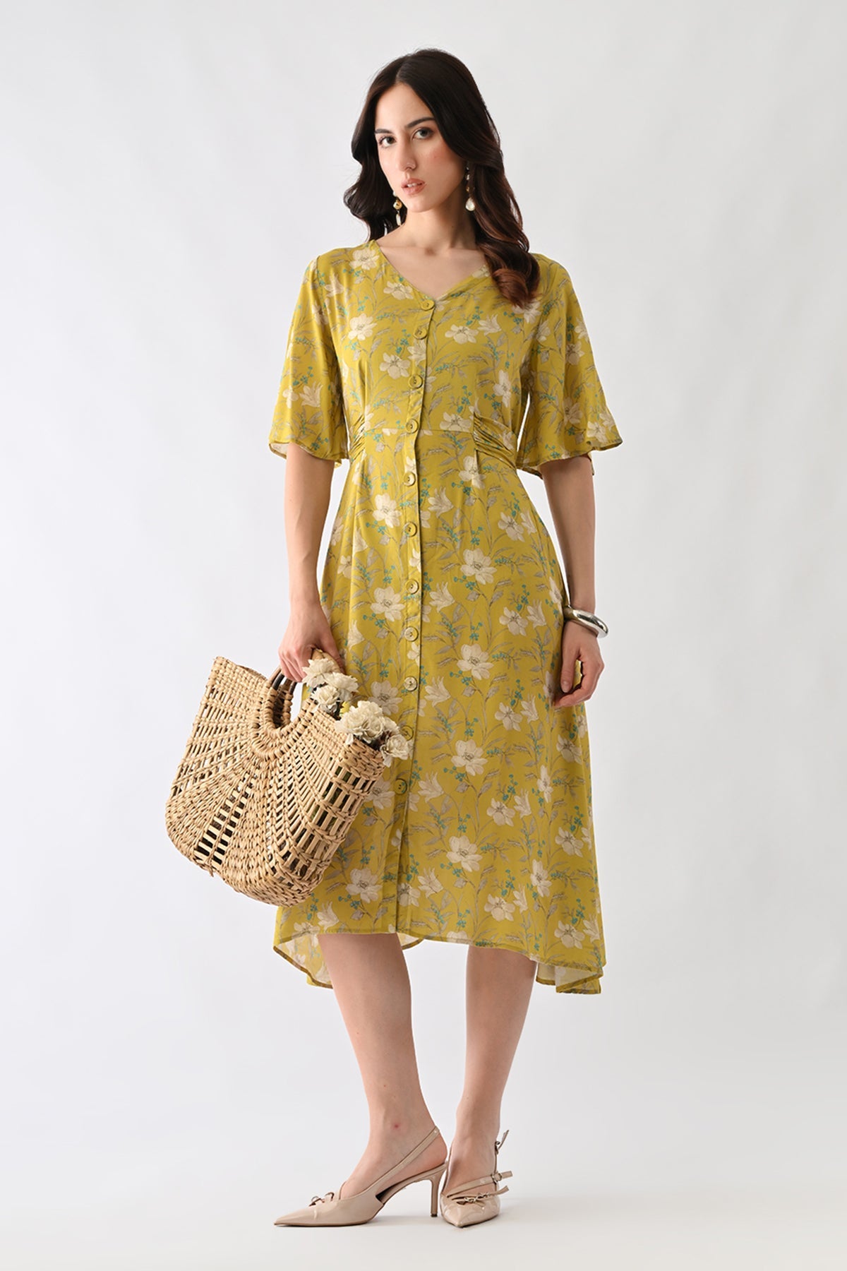 Yellow A-line Printed Dress