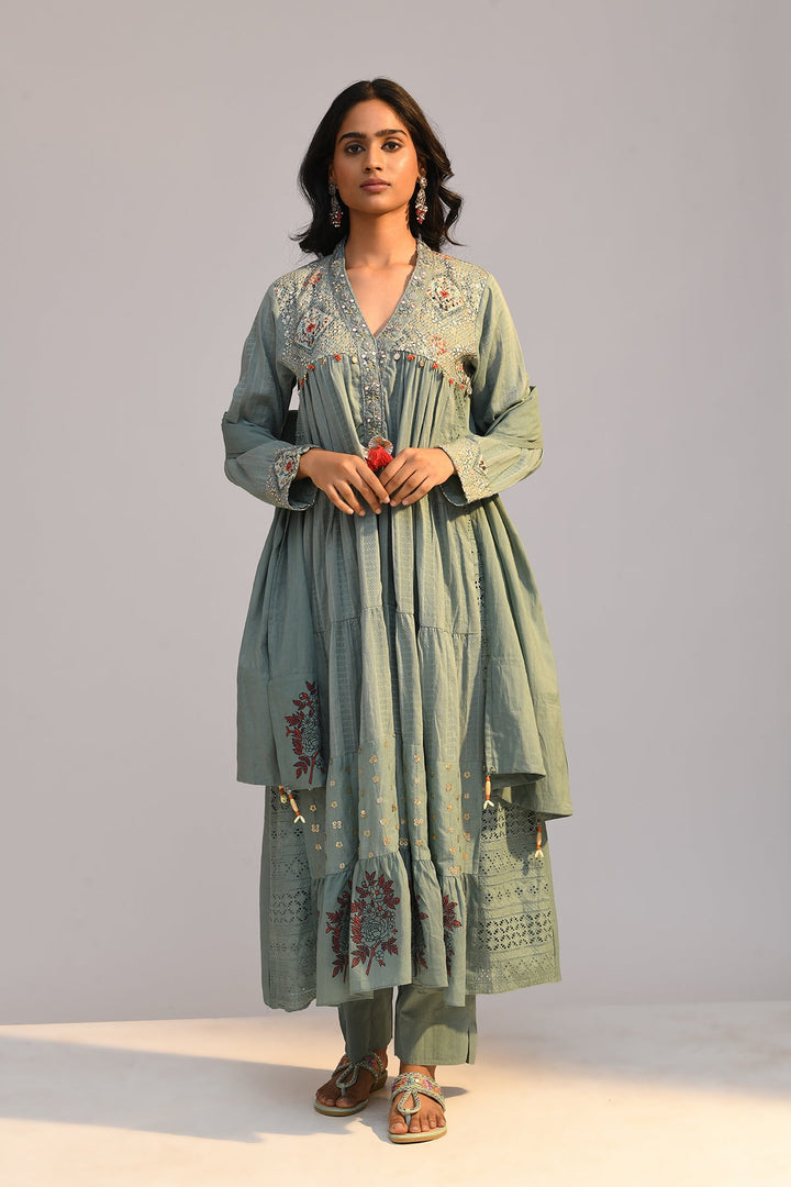 Green Printed Flared Kurta Set