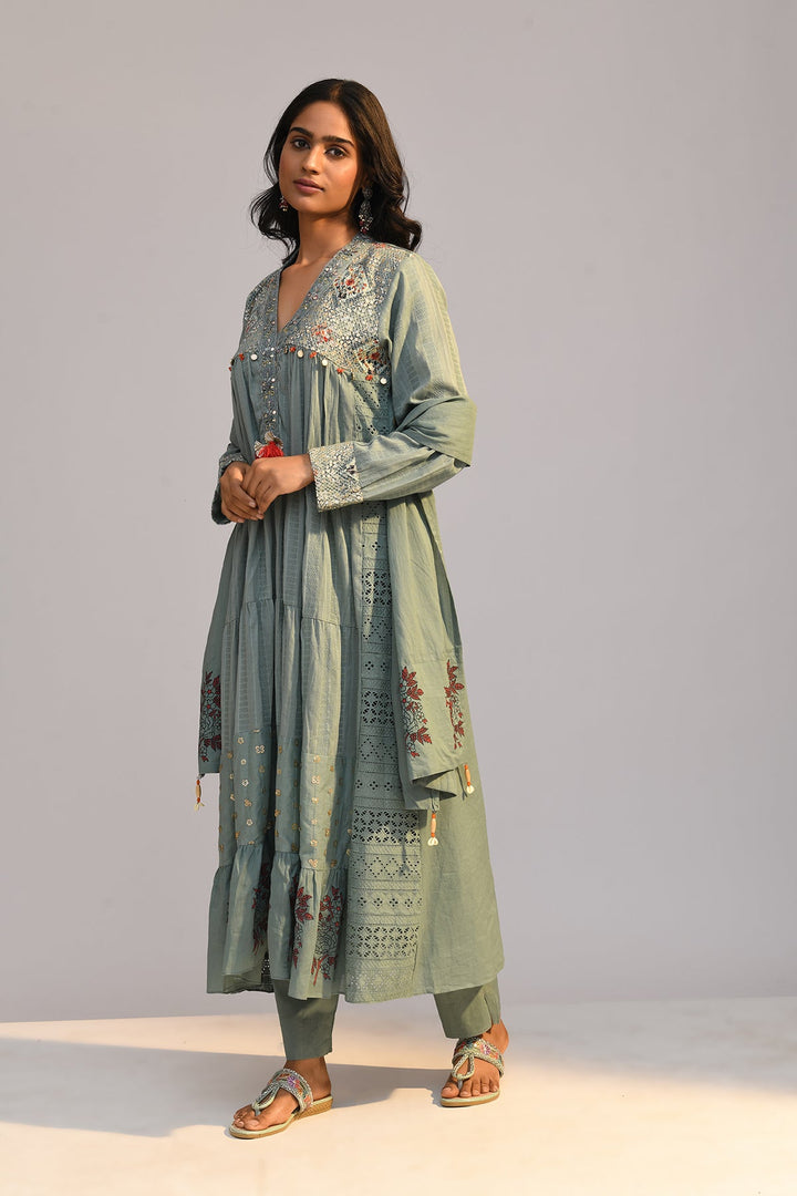 Green Printed Flared Kurta Set