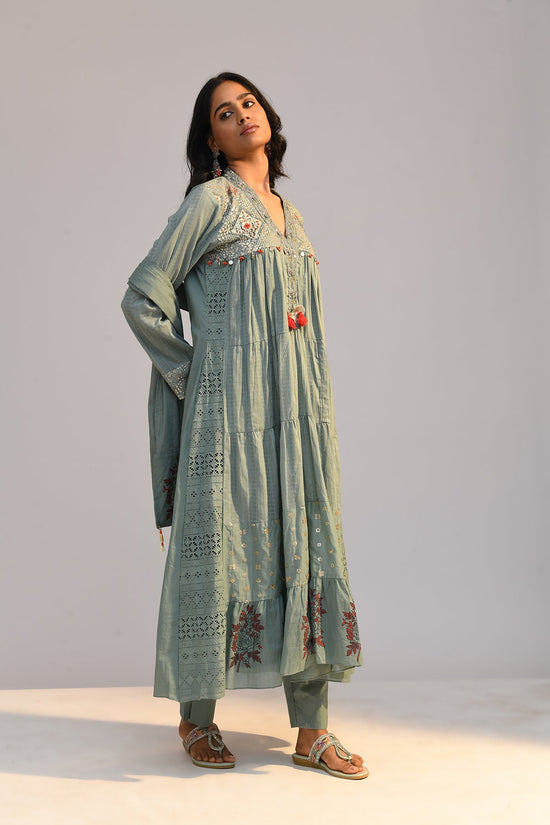 Green Printed Flared Kurta Set
