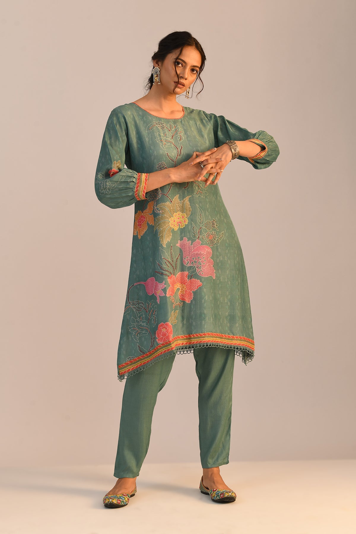 Green Printed A Line Kurta 2 Pcs Set