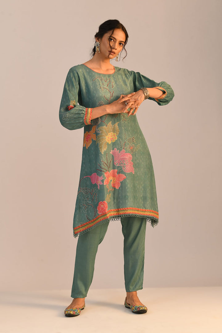 Green Printed A Line Kurta Set