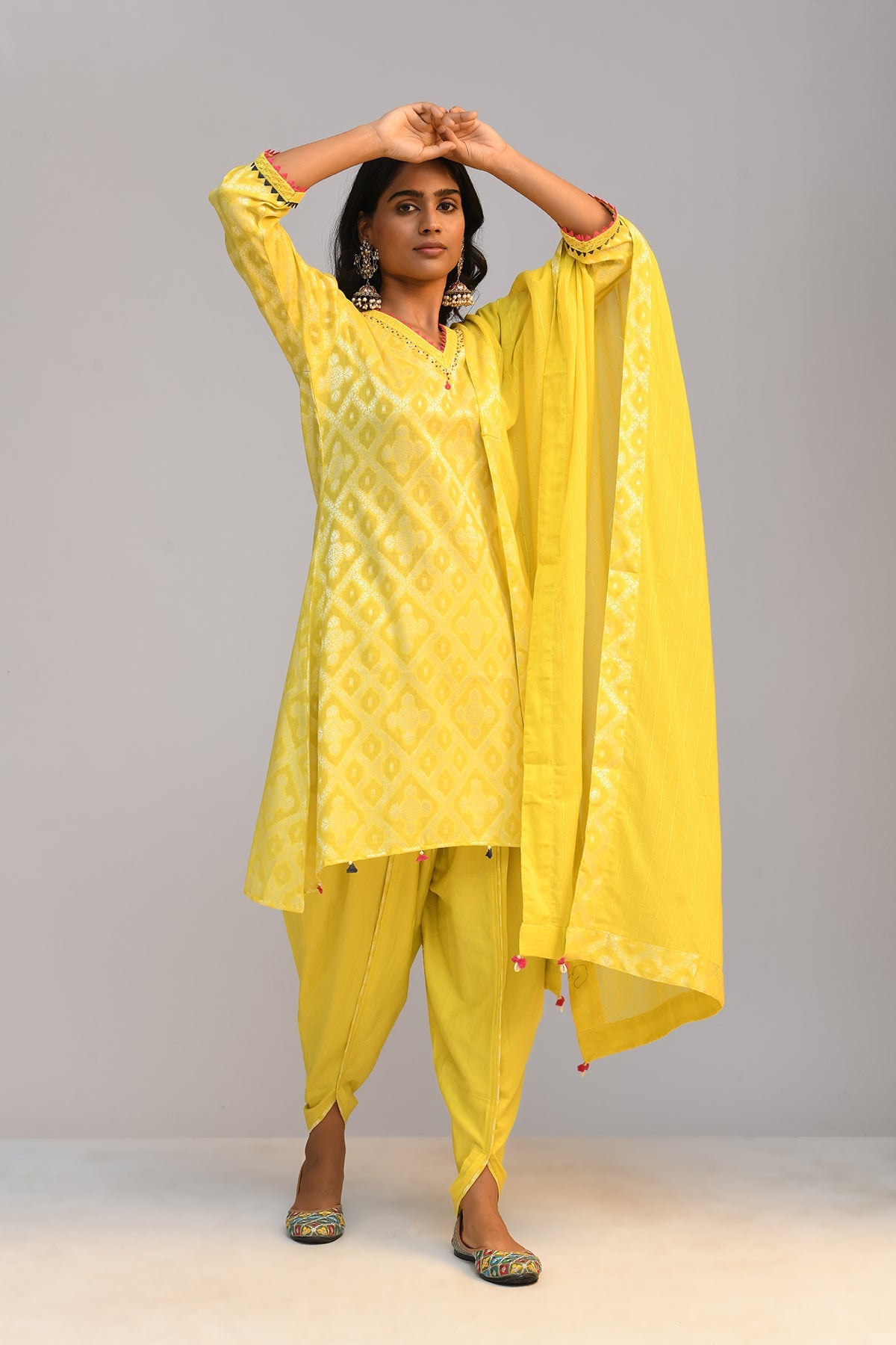 Yellow Printed A Line Kurta 3 Pcs Set