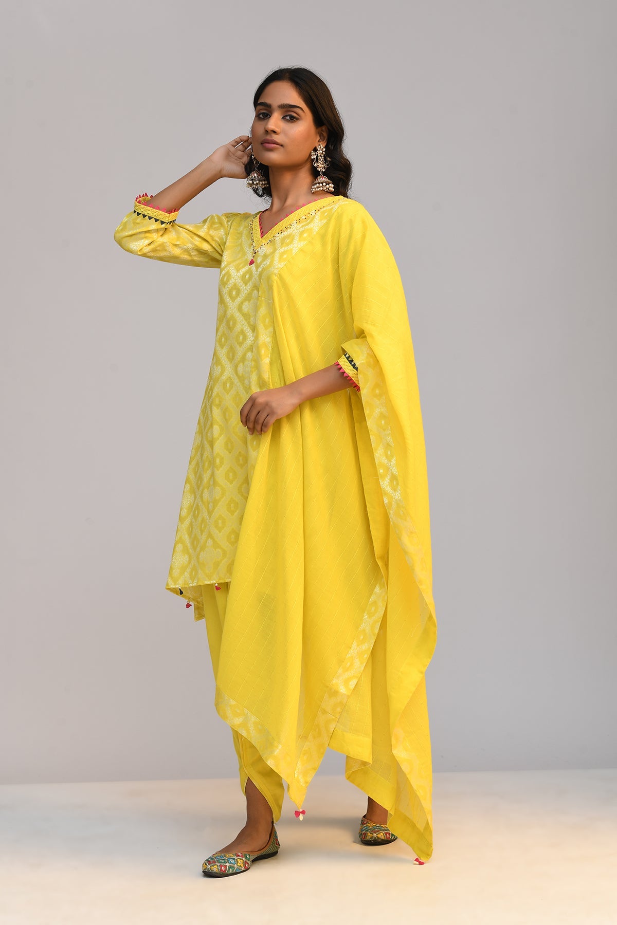 Yellow Printed A Line Kurta 3 Pcs Set