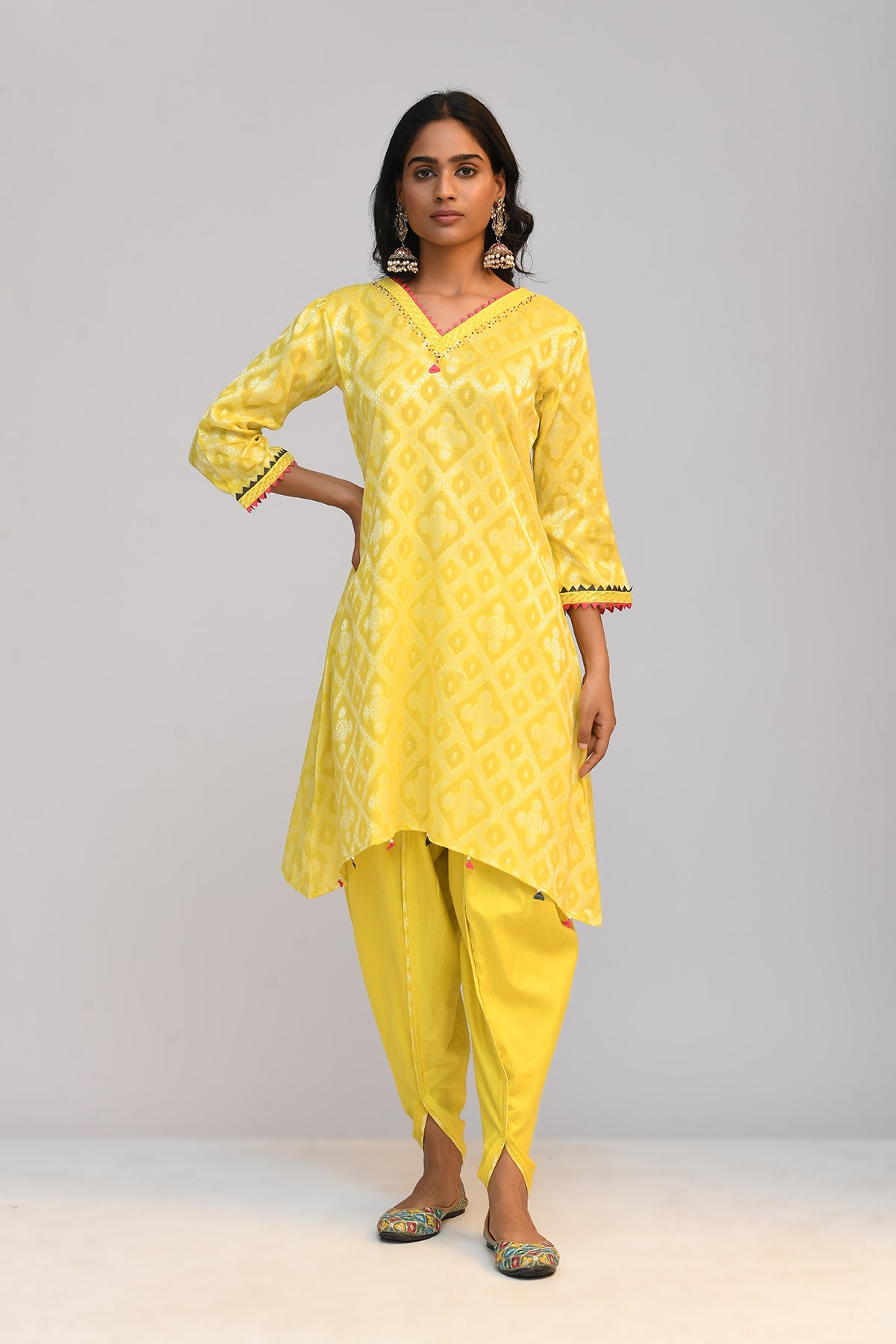Yellow Printed A Line Kurta 3 Pcs Set