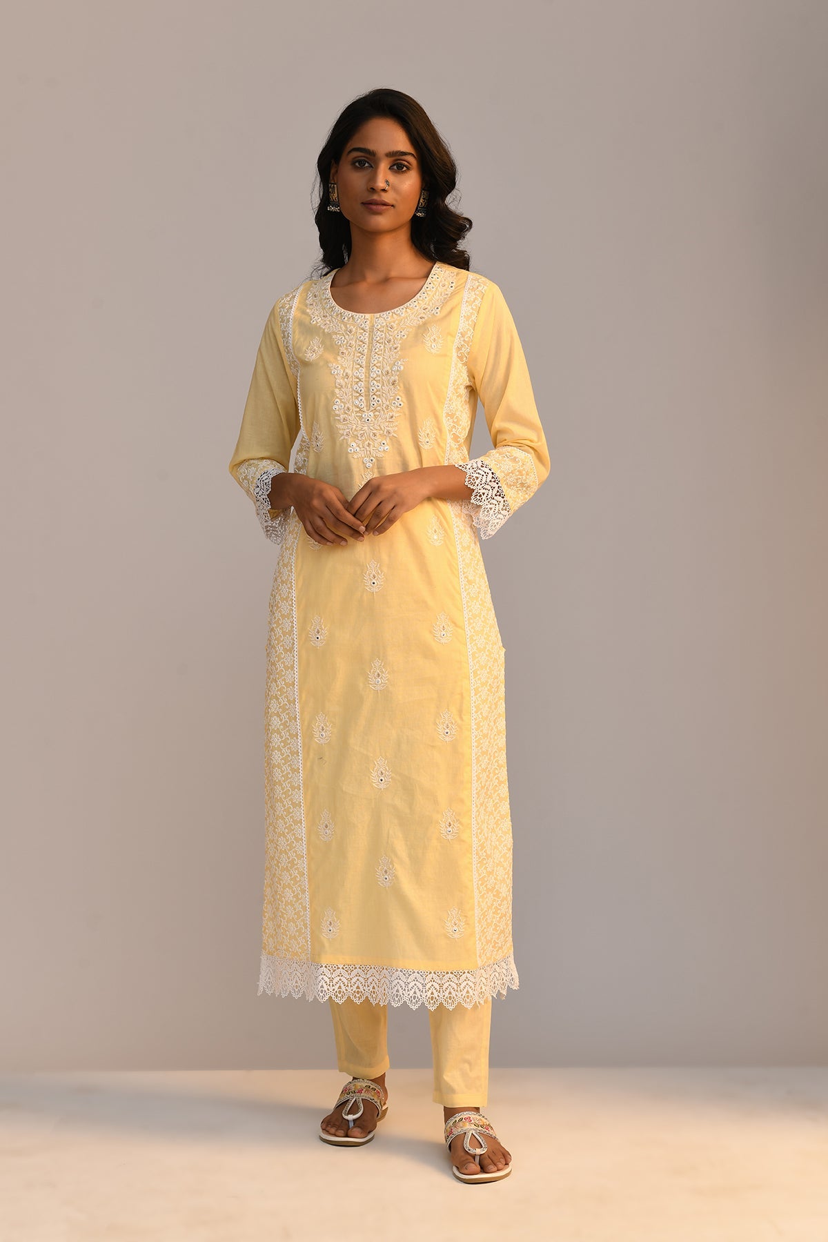 Yellow Embroidered Straight Kurta 2 Pcs Set