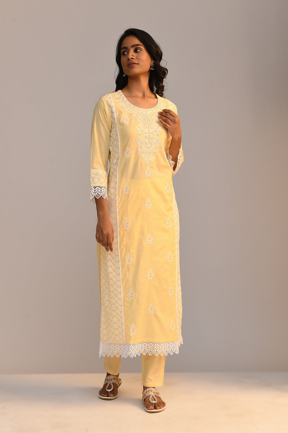 Yellow Embroidered Straight Kurta 2 Pcs Set