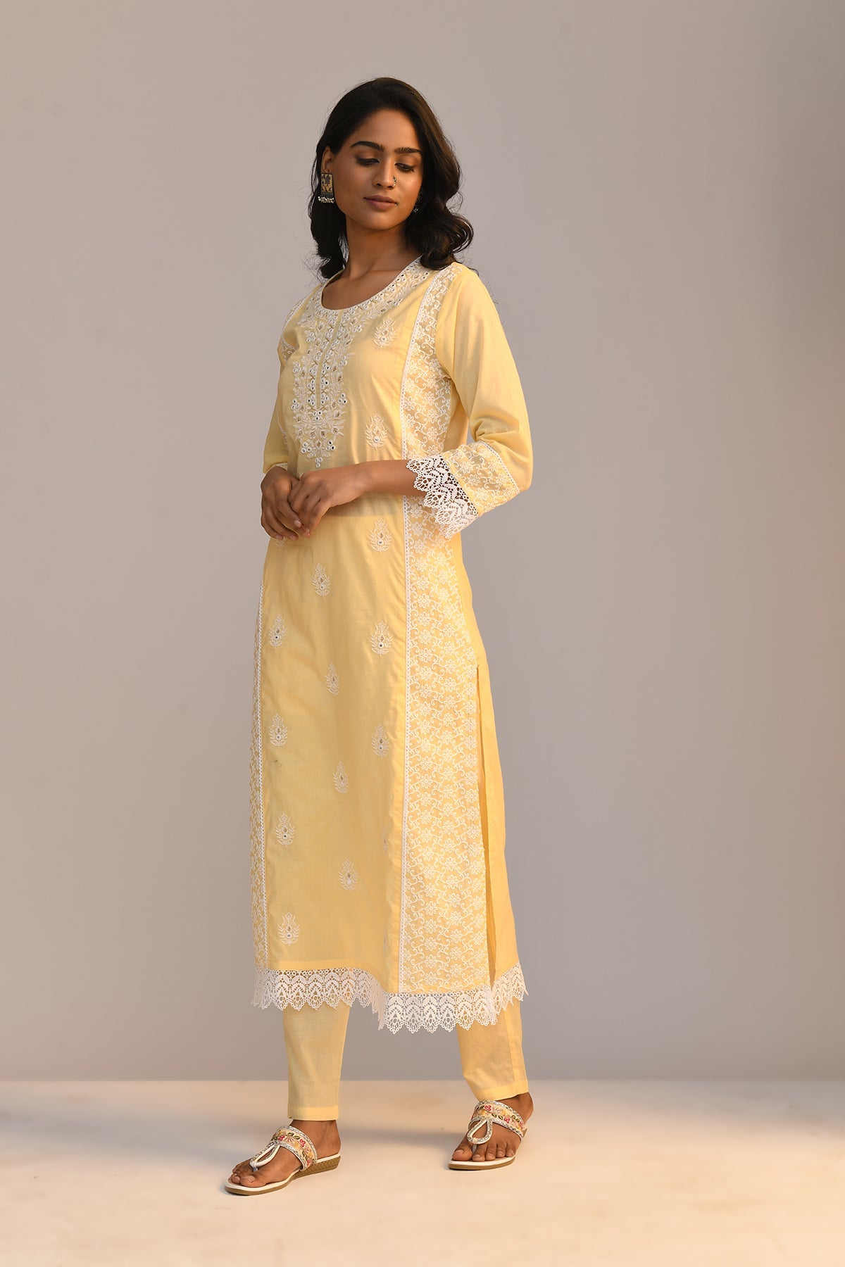 Yellow Embroidered Straight Kurta 2 Pcs Set
