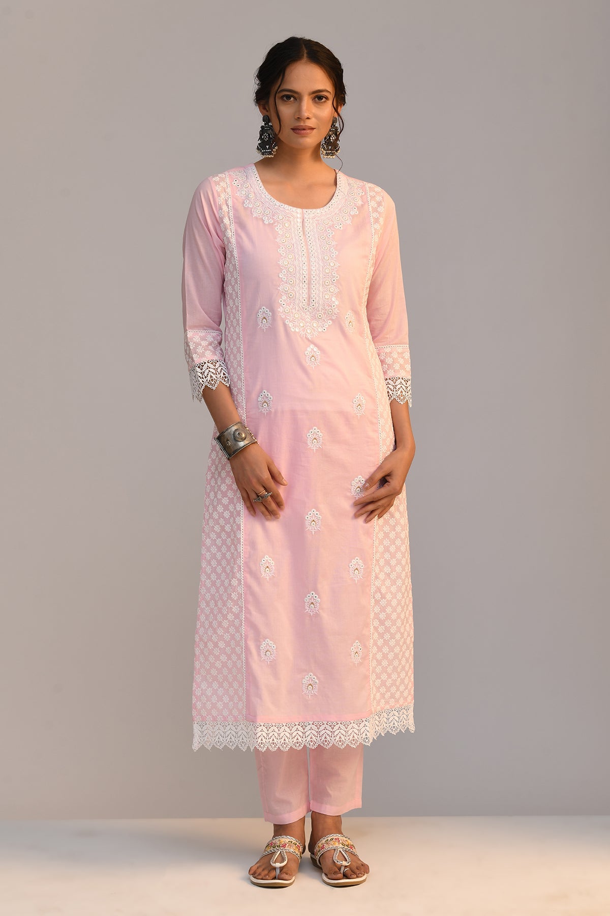 Pink Embroidered Straight Kurta 2 Pcs Set