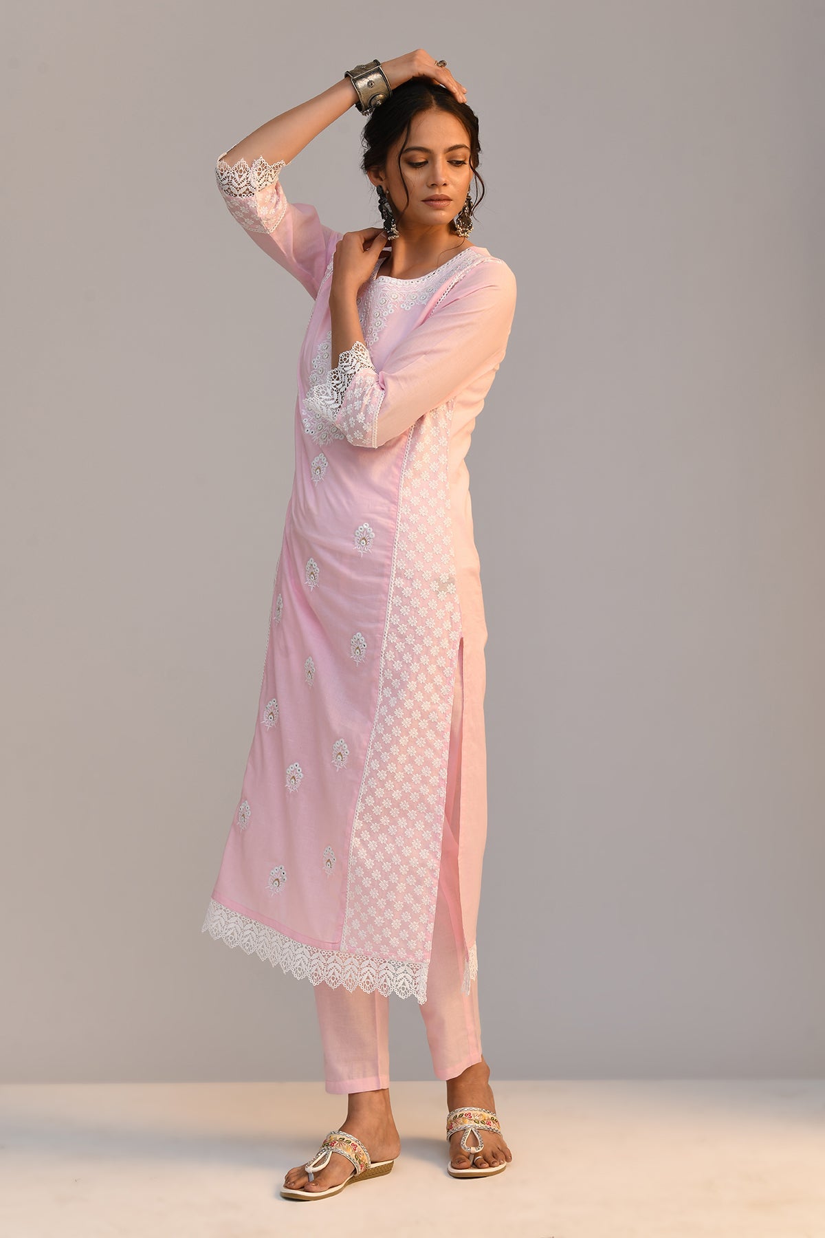 Pink Embroidered Straight Kurta 2 Pcs Set