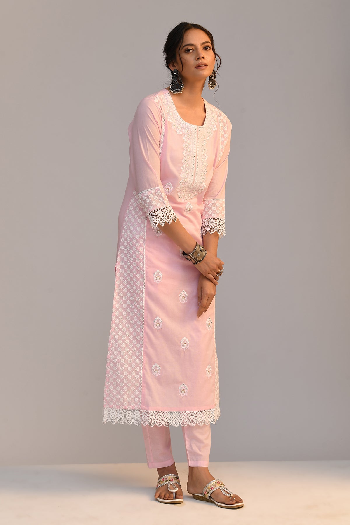Pink Embroidered Straight Kurta 2 Pcs Set