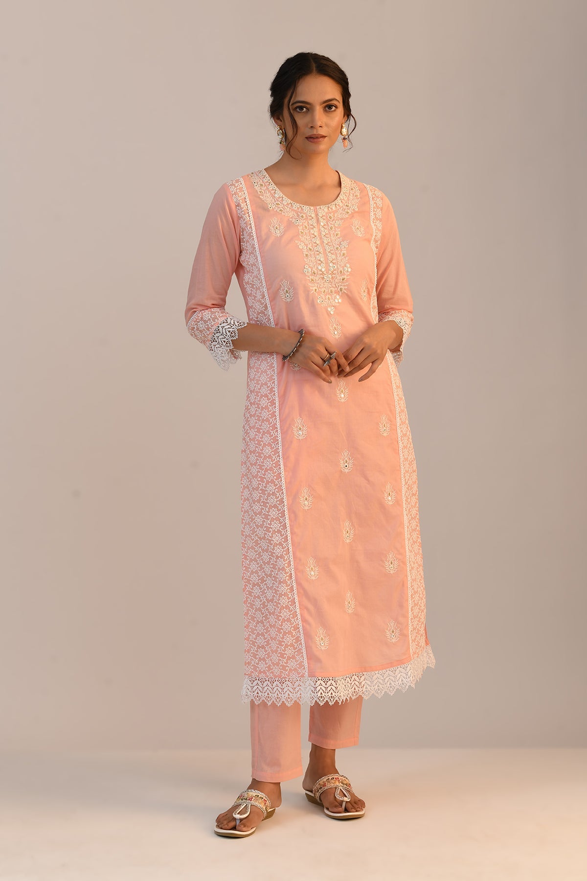 Peach Embroidered Straight Kurta 2 Pcs Set