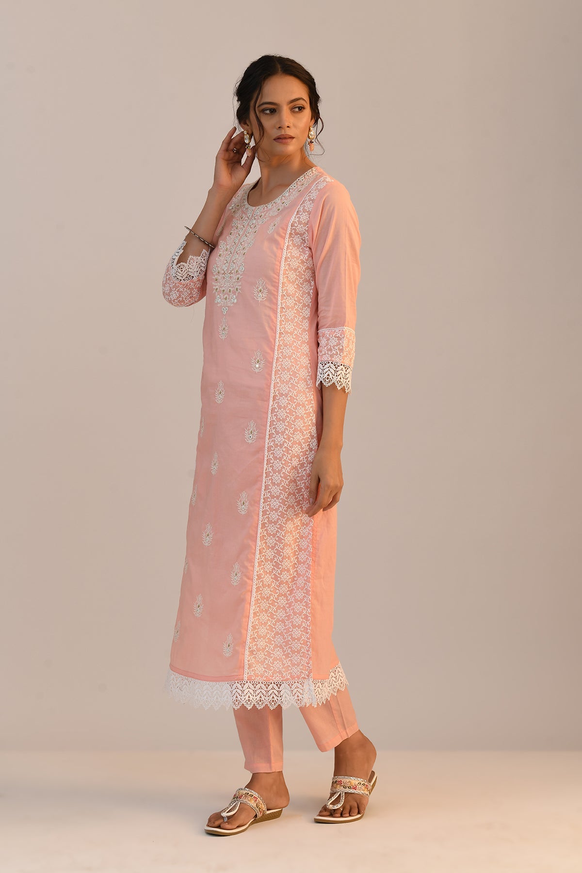 Peach Embroidered Straight Kurta 2 Pcs Set