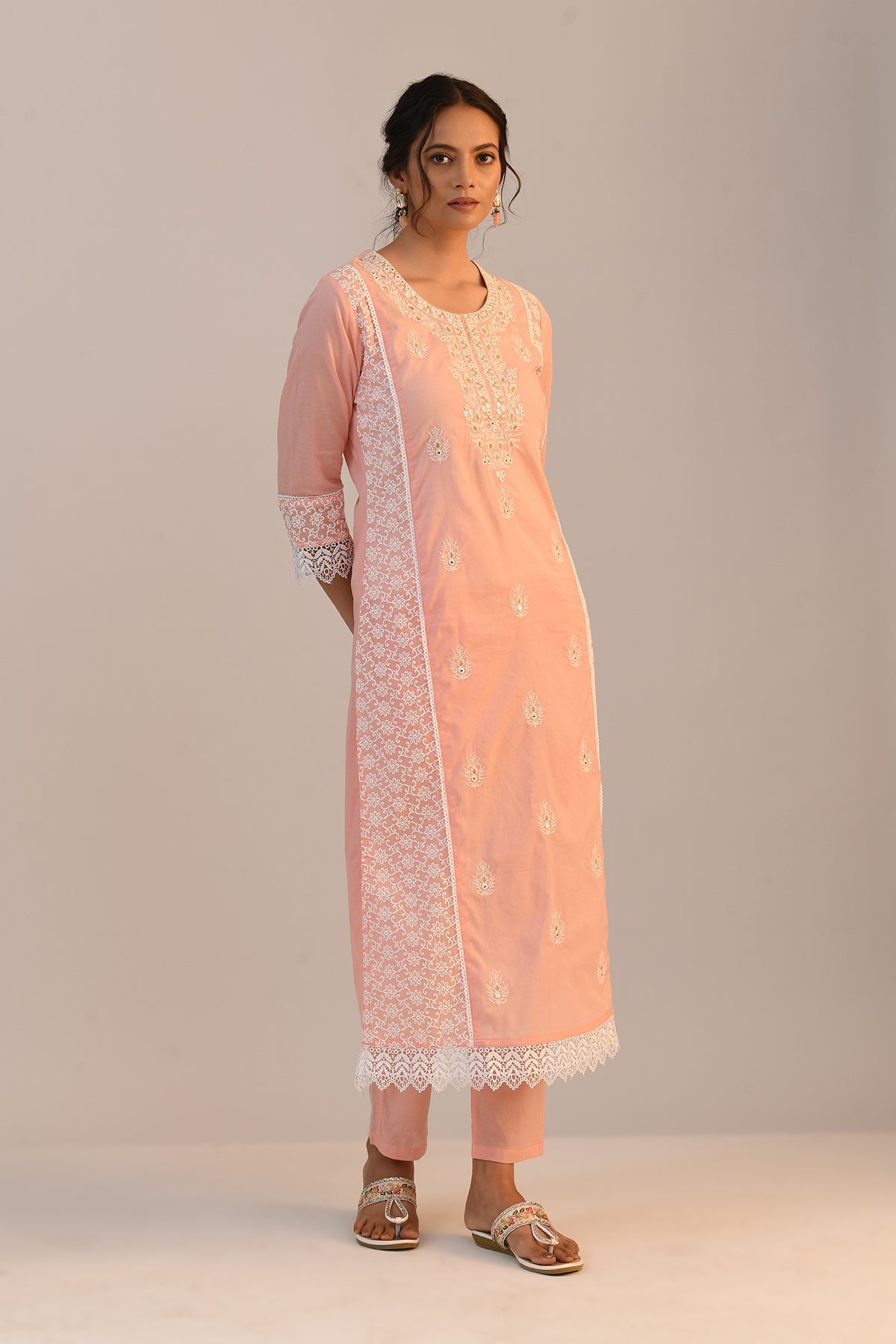 Peach Embroidered Straight Kurta 2 Pcs Set
