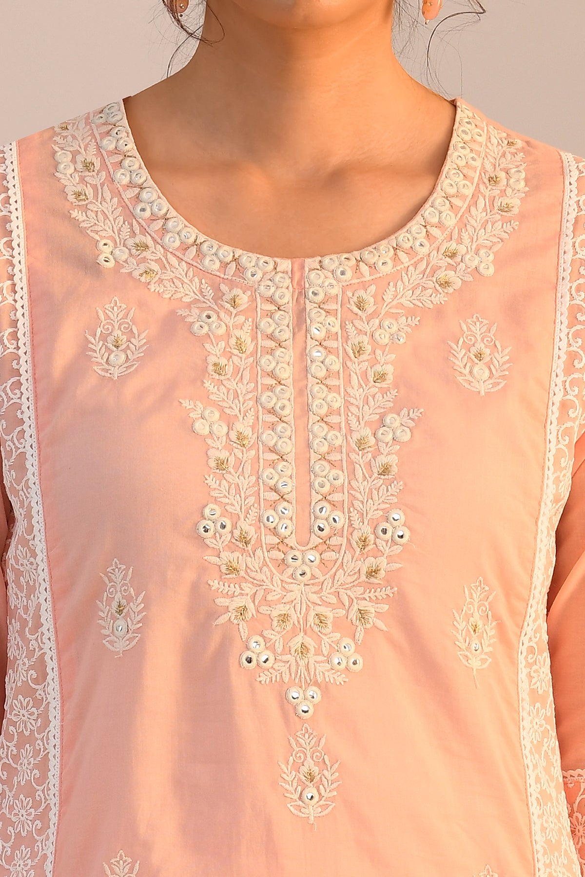 Peach Embroidered Straight Kurta 2 Pcs Set