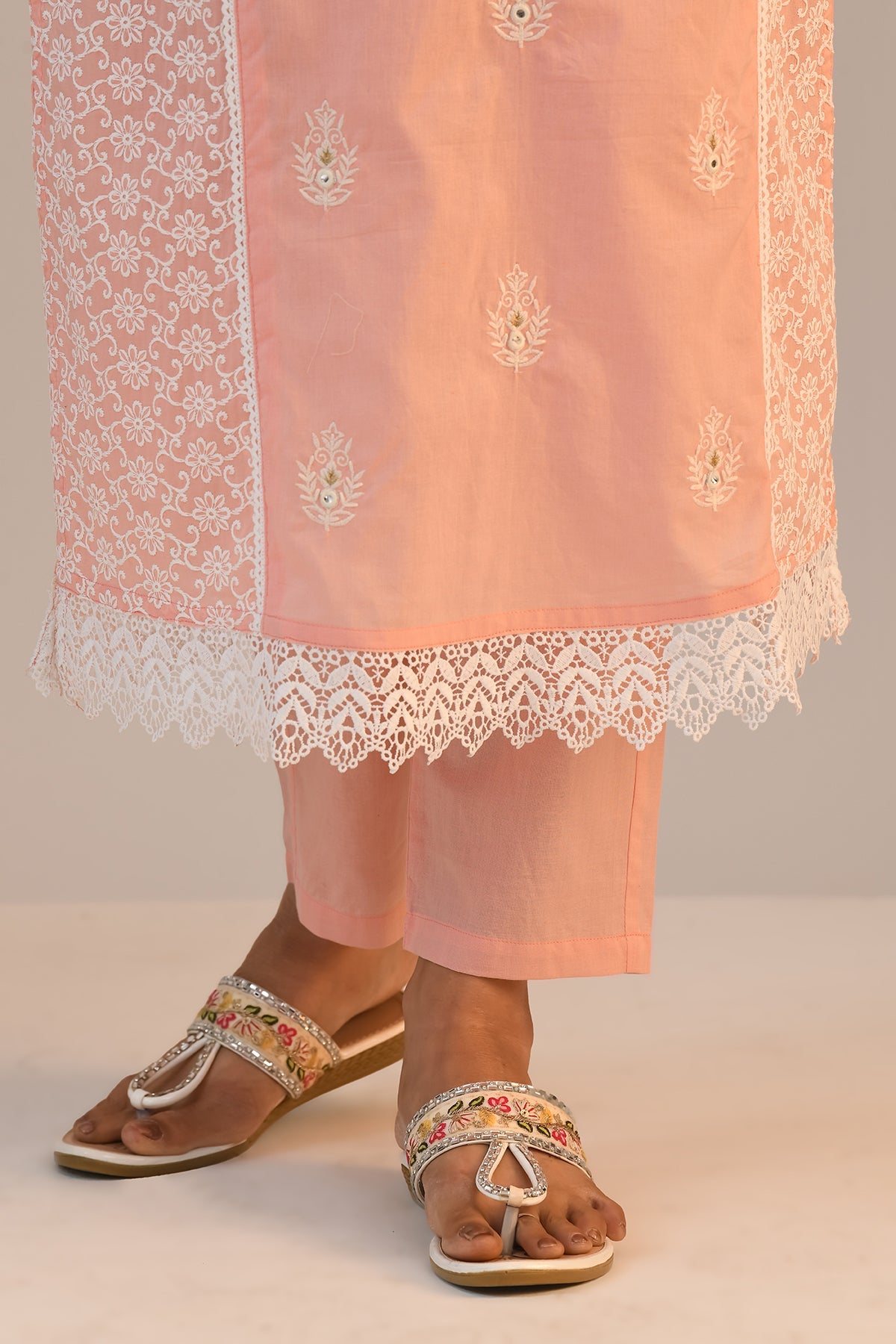 Peach Embroidered Straight Kurta 2 Pcs Set