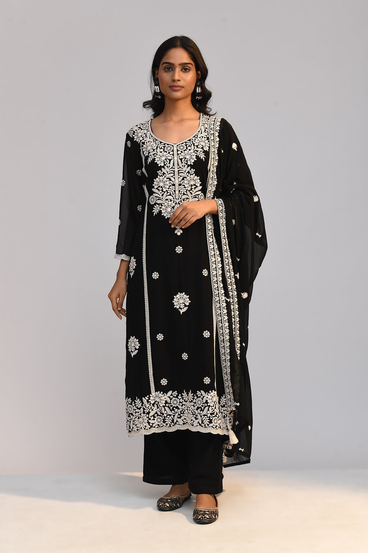 Black Chikankari Straight Kurta 3 Pcs Set