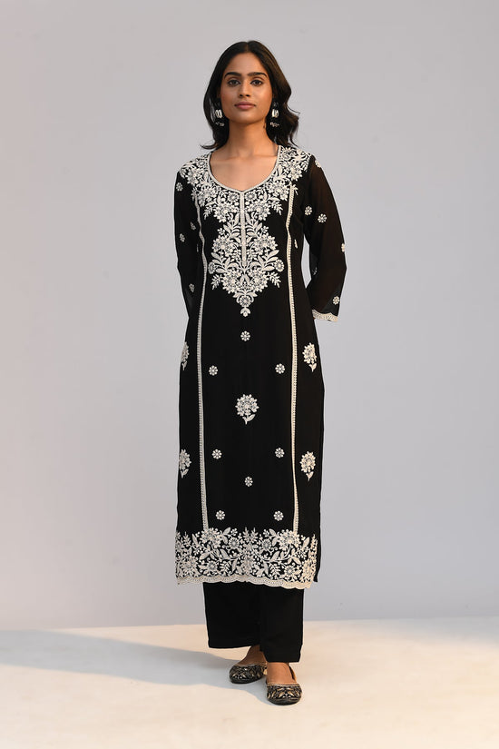 Black Chikankari Straight Kurta 3 Pcs Set
