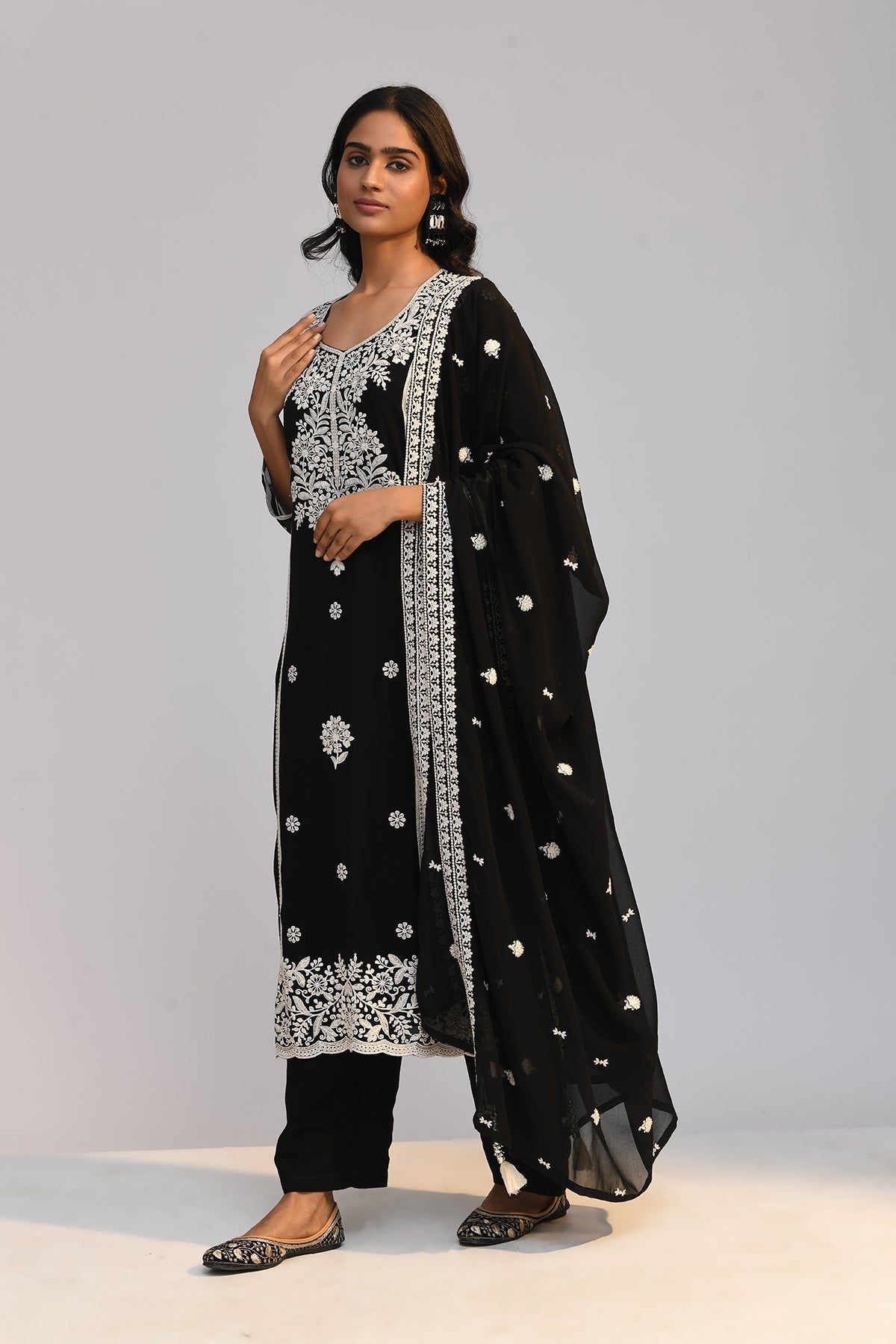 Black Chikankari Straight Kurta 3 Pcs Set