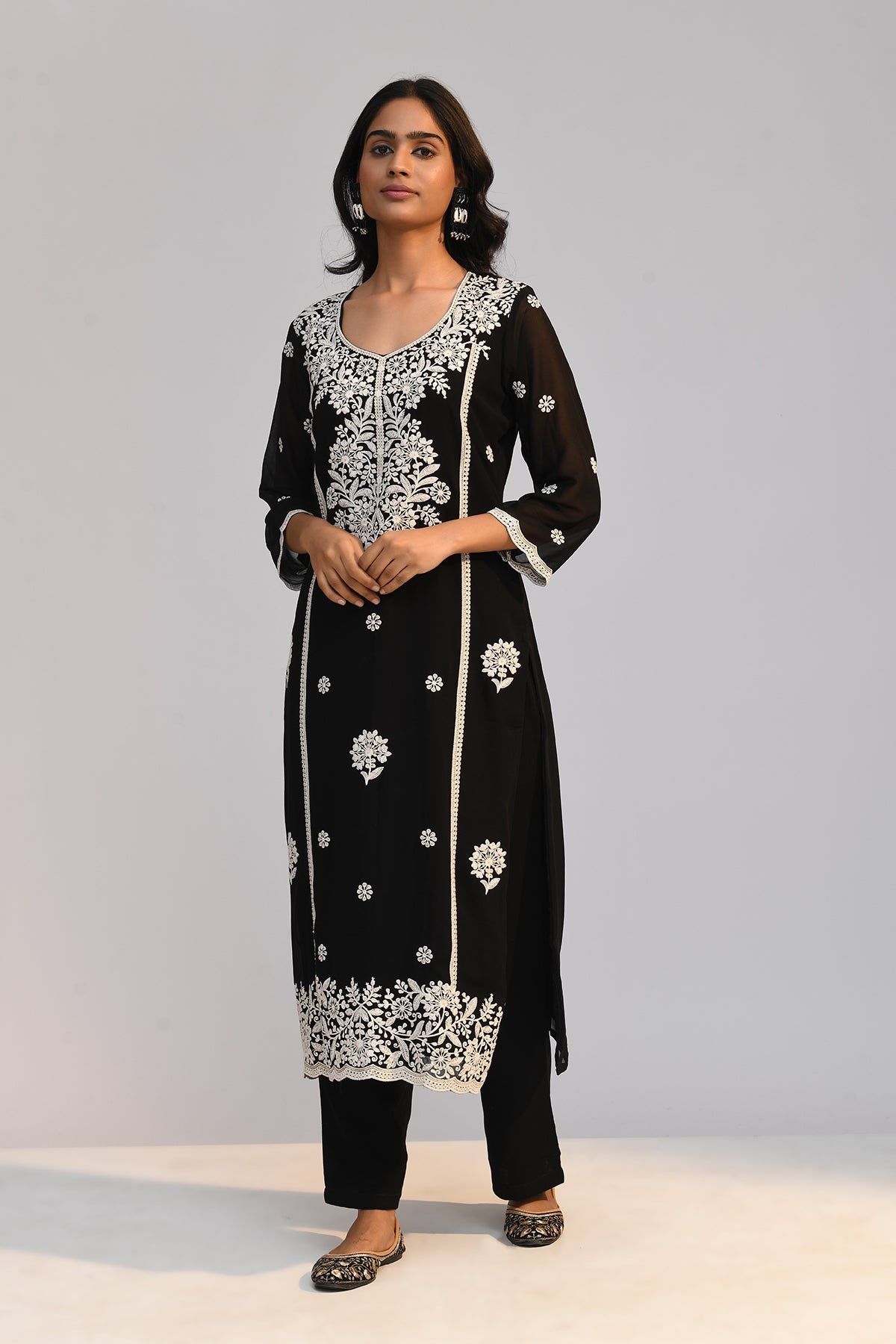 Black Chikankari Straight Kurta 3 Pcs Set